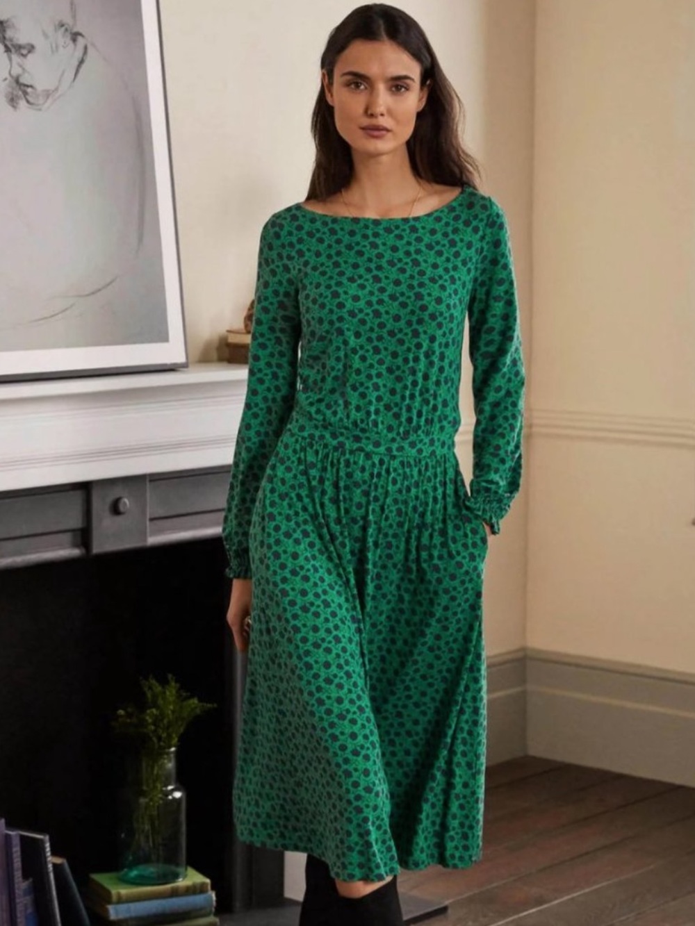 Boden Evelyn Jersey Midi Dress Sapling Leafy Bud Green Navy Floral Pockets Sz 8 - Picture 1 of 11